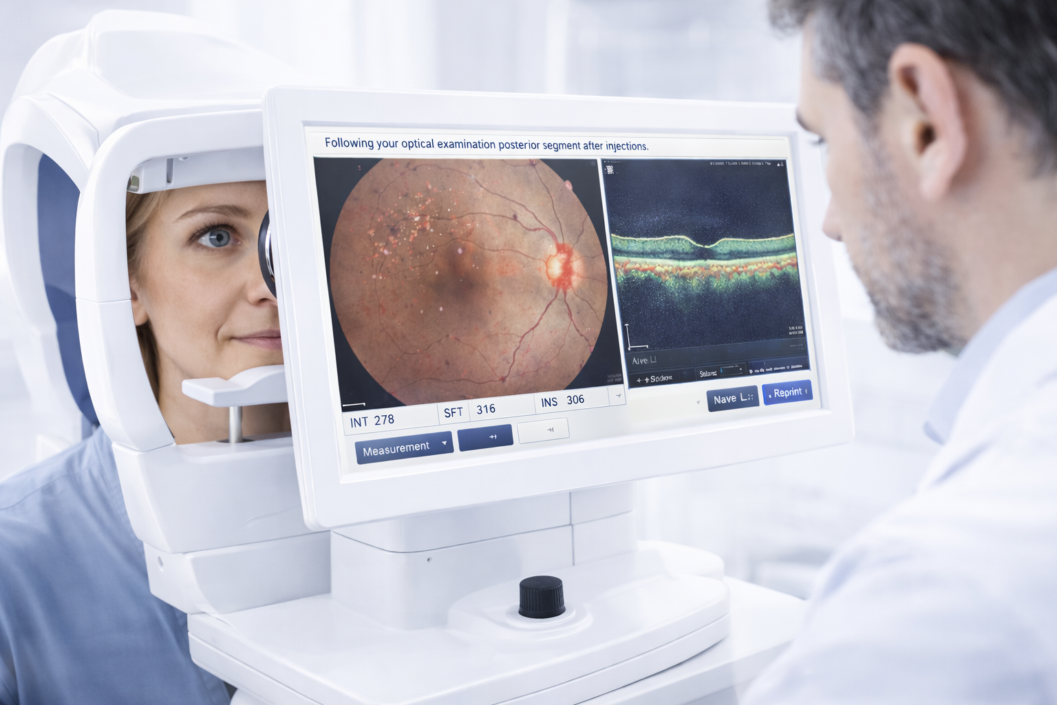 Контрольное оптическое исследование заднего отдела глаза с помощью компьютерного анализатора после проведенного интравитреального / субтенонового введения лекарственного препарата